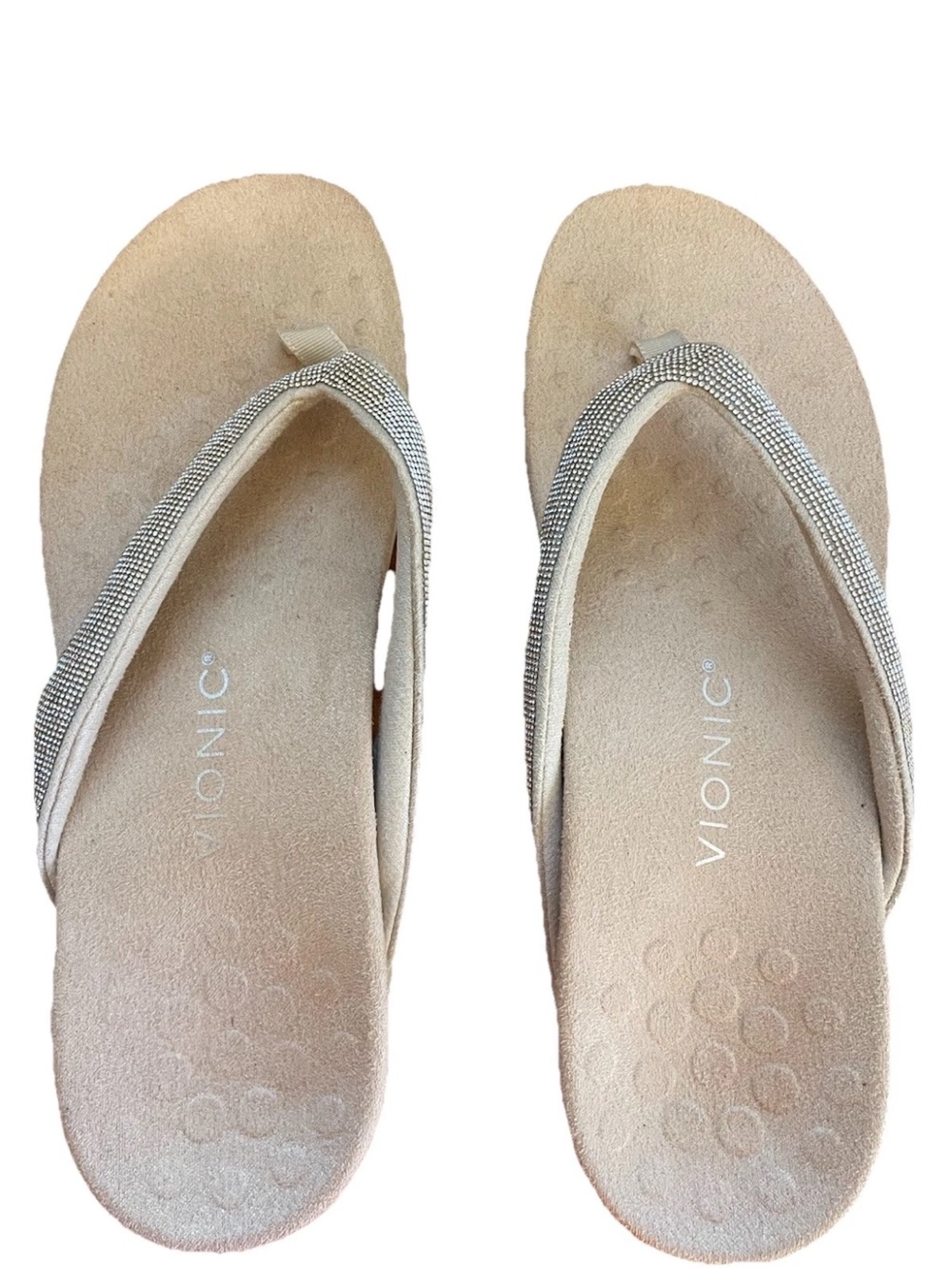 Vionic Women's Cream Suede Dillion Rhinestone Thong Sandals Support - Picture 2 of 6